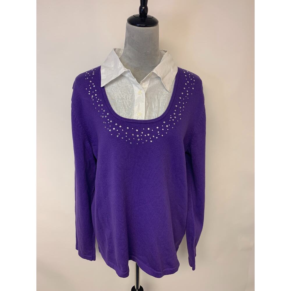 Quaker Factory Sweater Sequins Metallic Modest Mature Feminine Womens Size L